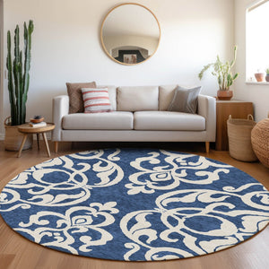 HomeRoots 8' Navy Blue and Ivory Damask Round Rug – Washable, UV Protected, Stylish for Any Home Décor! 676935