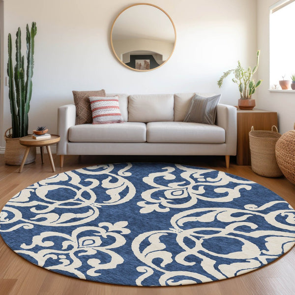 HomeRoots 8' Navy Blue and Ivory Damask Round Rug – Washable, UV Protected, Stylish for Any Home Décor! 676935