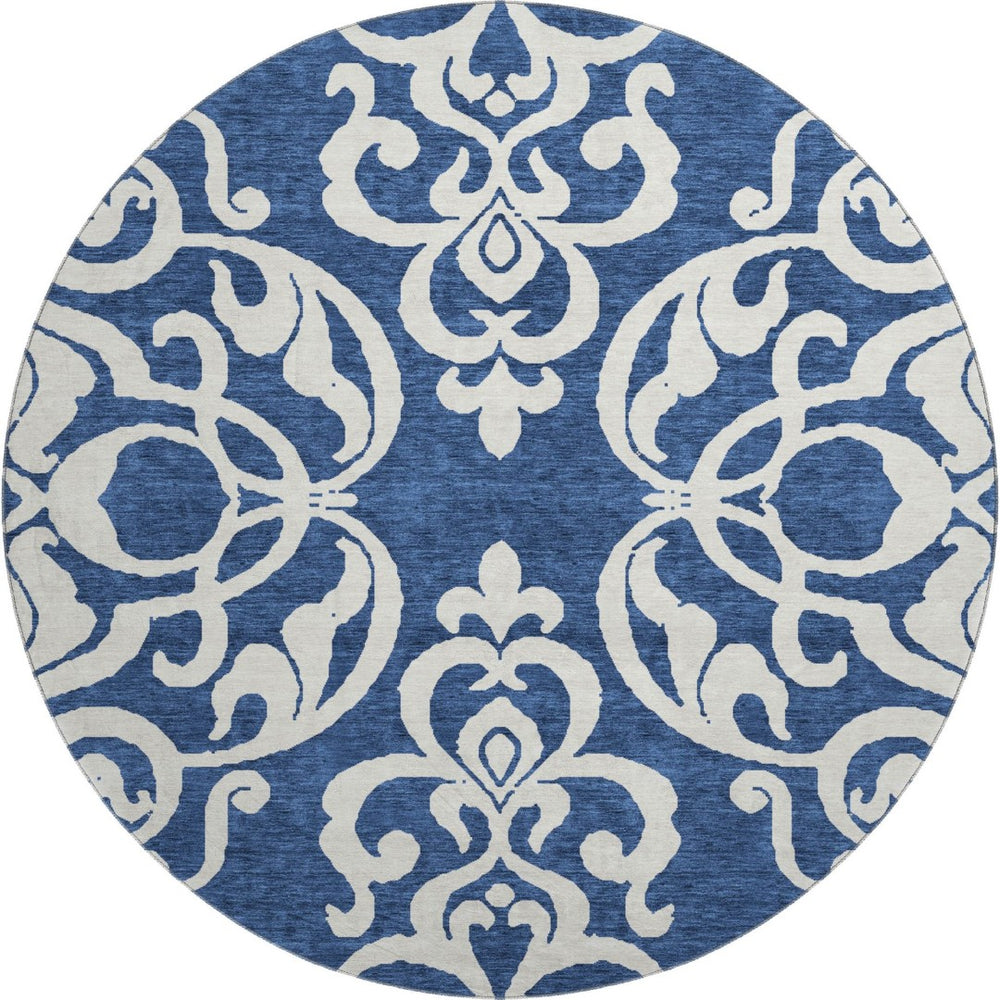 HomeRoots 8' Navy Blue and Ivory Damask Round Rug – Washable, UV Protected, Stylish for Any Home Décor! 676935