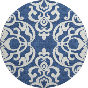 HomeRoots 8' Navy Blue and Ivory Damask Round Rug – Washable, UV Protected, Stylish for Any Home Décor! 676935