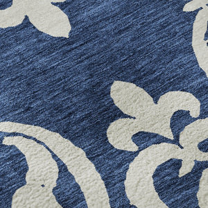 HomeRoots 8' Navy Blue and Ivory Damask Round Rug – Washable, UV Protected, Stylish for Any Home Décor! 676935