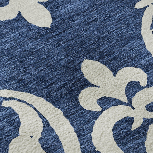 HomeRoots 8' Navy Blue and Ivory Damask Round Rug – Washable, UV Protected, Stylish for Any Home Décor! 676935