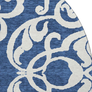 HomeRoots 8' Navy Blue and Ivory Damask Round Rug – Washable, UV Protected, Stylish for Any Home Décor! 676935