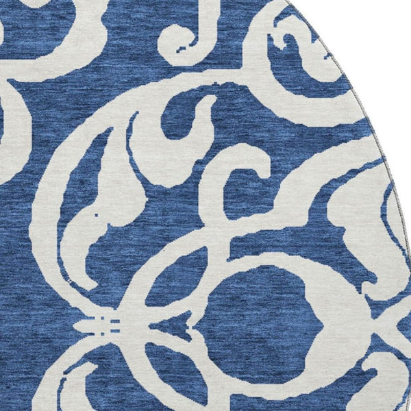 HomeRoots 8' Navy Blue and Ivory Damask Round Rug – Washable, UV Protected, Stylish for Any Home Décor! 676935