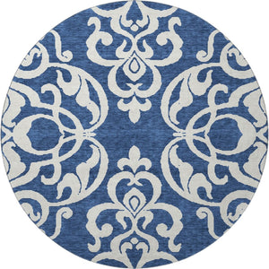 HomeRoots 8' Navy Blue and Ivory Damask Round Rug – Washable, UV Protected, Stylish for Any Home Décor! 676935