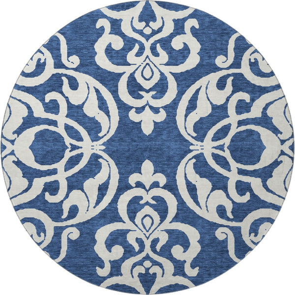 HomeRoots 8' Navy Blue and Ivory Damask Round Rug – Washable, UV Protected, Stylish for Any Home Décor! 676935