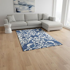 HomeRoots 8' X 10' Navy Blue & Ivory Damask Area Rug – Washable, UV Protected, Stain Resistant, Ideal for High-Traffic Spaces 676936