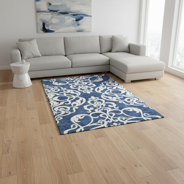 HomeRoots 8' X 10' Navy Blue & Ivory Damask Area Rug – Washable, UV Protected, Stain Resistant, Ideal for High-Traffic Spaces 676936