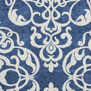 HomeRoots 8' X 10' Navy Blue & Ivory Damask Area Rug – Washable, UV Protected, Stain Resistant, Ideal for High-Traffic Spaces 676936