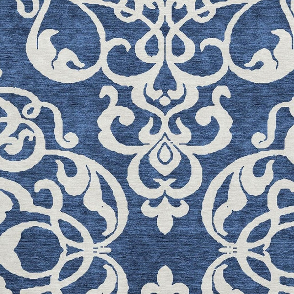 HomeRoots 8' X 10' Navy Blue & Ivory Damask Area Rug – Washable, UV Protected, Stain Resistant, Ideal for High-Traffic Spaces 676936