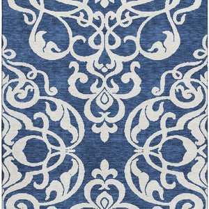 HomeRoots 8' X 10' Navy Blue & Ivory Damask Area Rug – Washable, UV Protected, Stain Resistant, Ideal for High-Traffic Spaces 676936