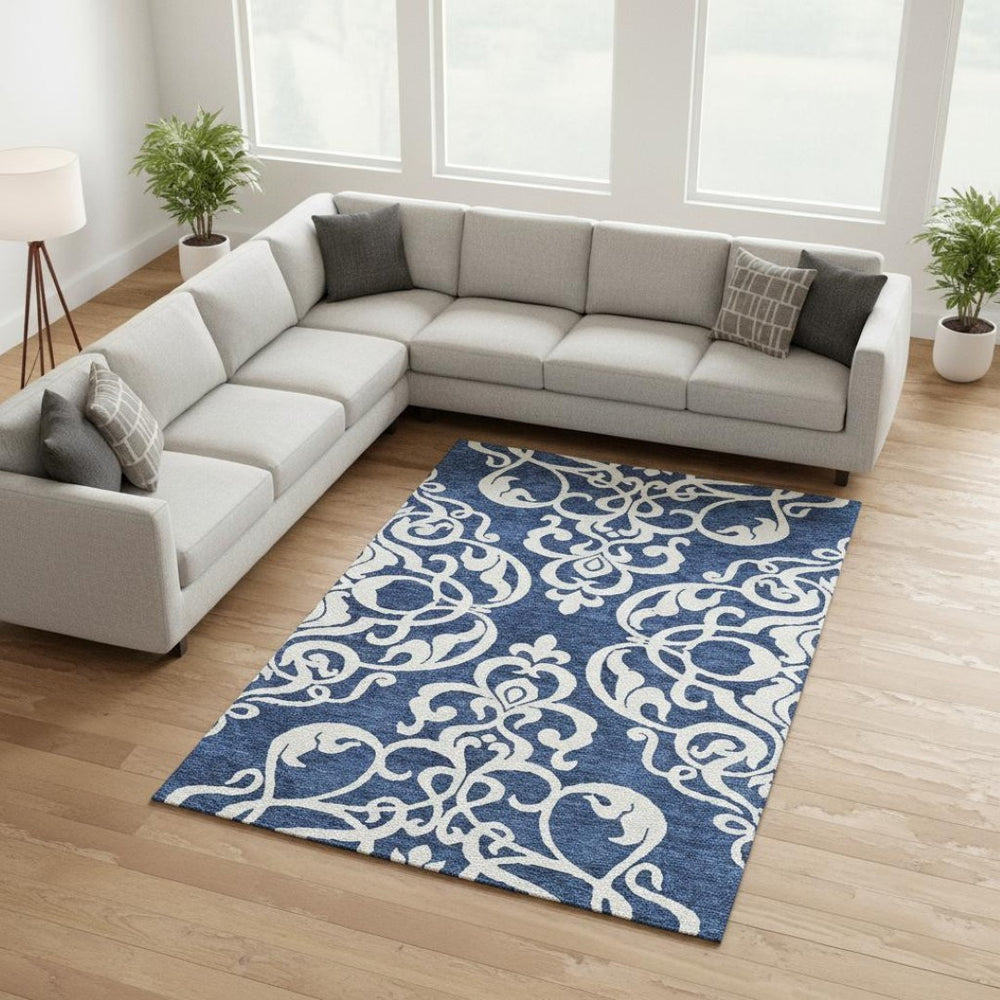 HomeRoots 9' X 12' Navy Blue & Ivory Damask Washable Area Rug – Durable, Stylish, UV-Protected for Homes 676937
