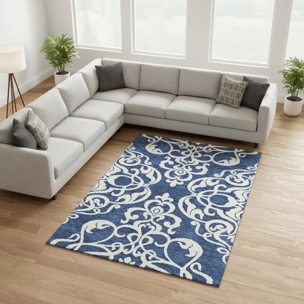 HomeRoots 9' X 12' Navy Blue & Ivory Damask Washable Area Rug – Durable, Stylish, UV-Protected for Homes 676937