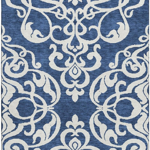 HomeRoots 9' X 12' Navy Blue & Ivory Damask Washable Area Rug – Durable, Stylish, UV-Protected for Homes 676937