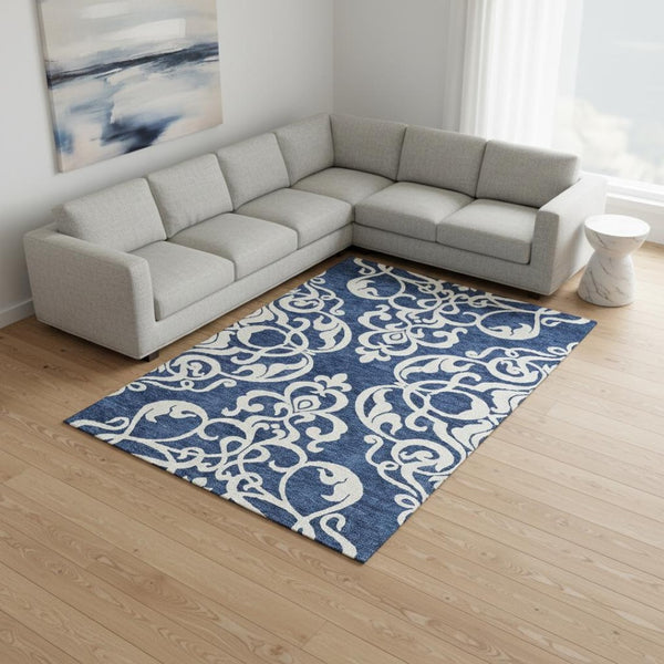 HomeRoots 10' X 14' Navy Blue & Ivory Damask Area Rug - Washable, Stain Resistant, UV Protected for Durability 676938