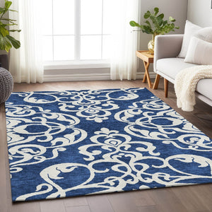 HomeRoots 10' X 14' Navy Blue & Ivory Damask Area Rug - Washable, Stain Resistant, UV Protected for Durability 676938