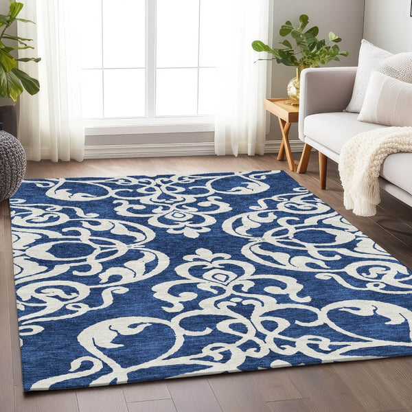 HomeRoots 10' X 14' Navy Blue & Ivory Damask Area Rug - Washable, Stain Resistant, UV Protected for Durability 676938