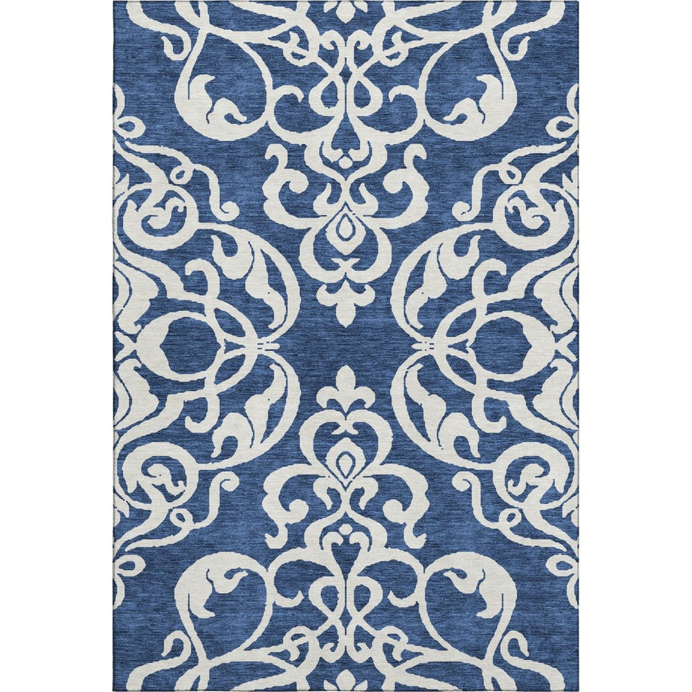 HomeRoots 10' X 14' Navy Blue & Ivory Damask Area Rug - Washable, Stain Resistant, UV Protected for Durability 676938