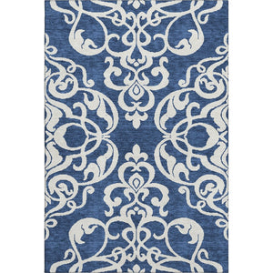 HomeRoots 10' X 14' Navy Blue & Ivory Damask Area Rug - Washable, Stain Resistant, UV Protected for Durability 676938