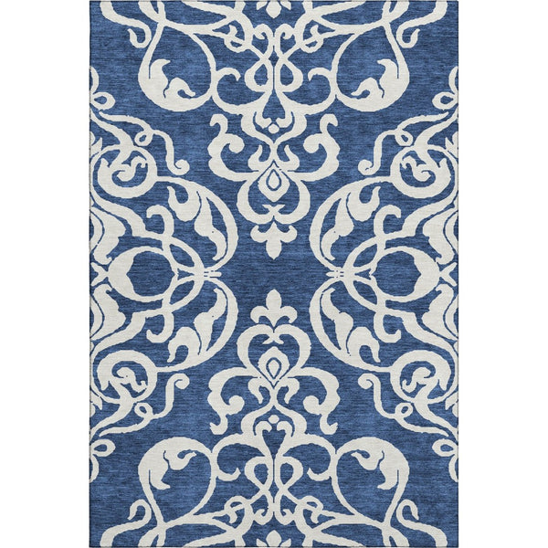 HomeRoots 10' X 14' Navy Blue & Ivory Damask Area Rug - Washable, Stain Resistant, UV Protected for Durability 676938
