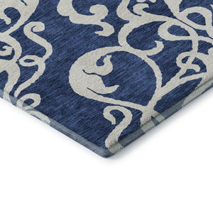 HomeRoots 10' X 14' Navy Blue & Ivory Damask Area Rug - Washable, Stain Resistant, UV Protected for Durability 676938