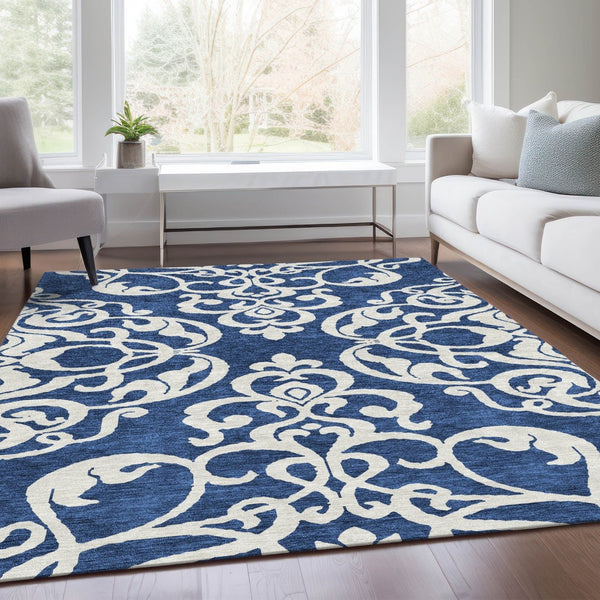 HomeRoots 10' X 14' Navy Blue & Ivory Damask Area Rug - Washable, Stain Resistant, UV Protected for Durability 676938