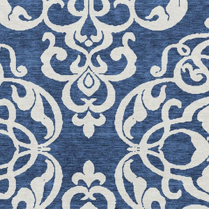 HomeRoots 10' X 14' Navy Blue & Ivory Damask Area Rug - Washable, Stain Resistant, UV Protected for Durability 676938
