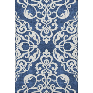HomeRoots 10' X 14' Navy Blue & Ivory Damask Area Rug - Washable, Stain Resistant, UV Protected for Durability 676938