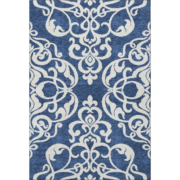 HomeRoots 10' X 14' Navy Blue & Ivory Damask Area Rug - Washable, Stain Resistant, UV Protected for Durability 676938