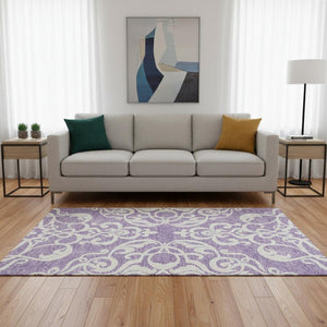 HomeRoots 5' X 8' Elegant Purple & Ivory Damask Washable Area Rug with UV Protection for Stylish Homes 676940