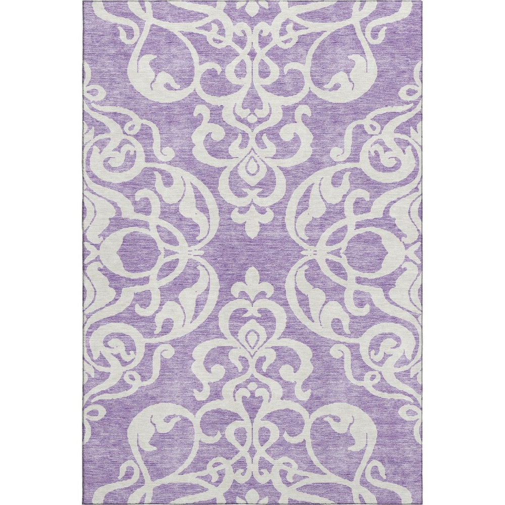 HomeRoots 5' X 8' Elegant Purple & Ivory Damask Washable Area Rug with UV Protection for Stylish Homes 676940