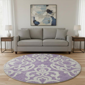 HomeRoots 8' Elegant Purple and Ivory Damask Round Rug – Washable, UV Protected, Durable for Any Space! 676941
