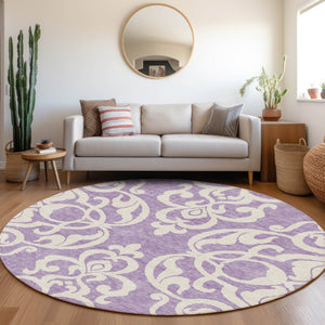 HomeRoots 8' Elegant Purple and Ivory Damask Round Rug – Washable, UV Protected, Durable for Any Space! 676941