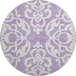 HomeRoots 8' Elegant Purple and Ivory Damask Round Rug – Washable, UV Protected, Durable for Any Space! 676941
