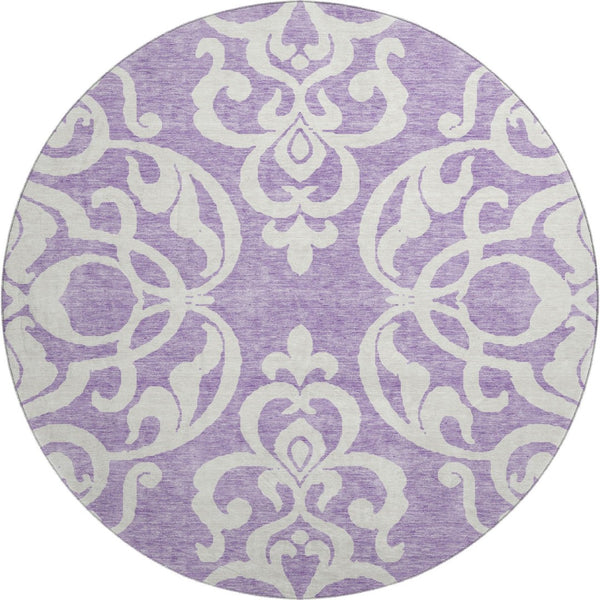 HomeRoots 8' Elegant Purple and Ivory Damask Round Rug – Washable, UV Protected, Durable for Any Space! 676941