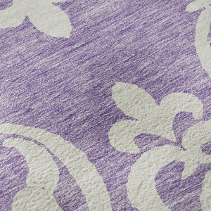 HomeRoots 8' Elegant Purple and Ivory Damask Round Rug – Washable, UV Protected, Durable for Any Space! 676941
