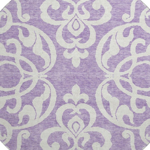 HomeRoots 8' Elegant Purple and Ivory Damask Round Rug – Washable, UV Protected, Durable for Any Space! 676941