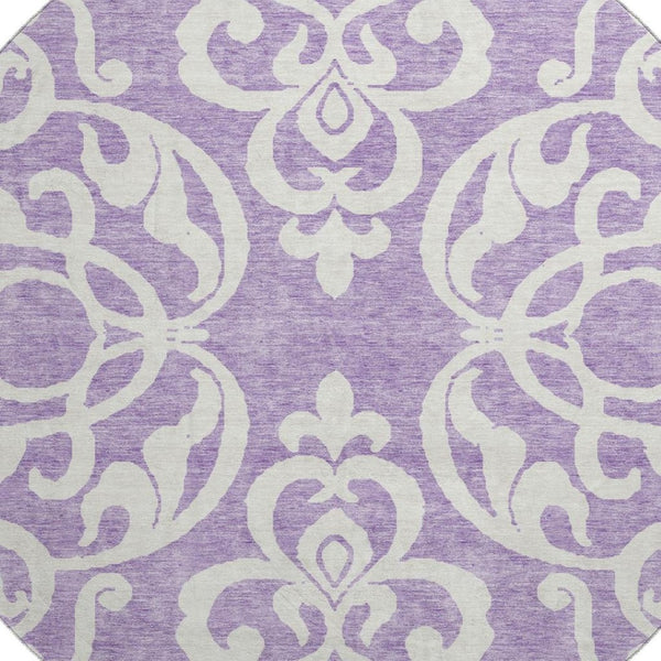 HomeRoots 8' Elegant Purple and Ivory Damask Round Rug – Washable, UV Protected, Durable for Any Space! 676941