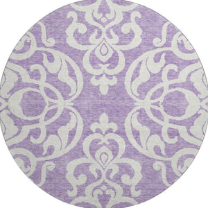 HomeRoots 8' Elegant Purple and Ivory Damask Round Rug – Washable, UV Protected, Durable for Any Space! 676941
