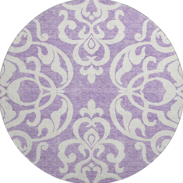 HomeRoots 8' Elegant Purple and Ivory Damask Round Rug – Washable, UV Protected, Durable for Any Space! 676941