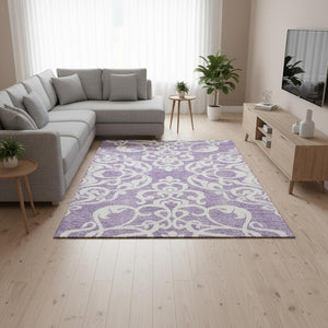 HomeRoots 8' X 10' Elegant Purple & Ivory Damask Washable Area Rug with UV Protection for Busy Homes 676942