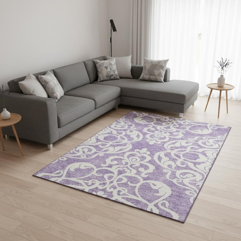 HomeRoots 9' X 12' Elegant Purple and Ivory Damask Area Rug – Washable, UV Protected, Perfect for Busy Homes! 676943
