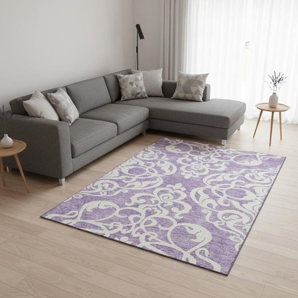 HomeRoots 9' X 12' Elegant Purple and Ivory Damask Area Rug – Washable, UV Protected, Perfect for Busy Homes! 676943