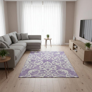 HomeRoots 10' X 14' Stylish Purple and Ivory Damask Washable Area Rug with UV Protection for Active Homes 676944