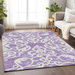 HomeRoots 10' X 14' Stylish Purple and Ivory Damask Washable Area Rug with UV Protection for Active Homes 676944