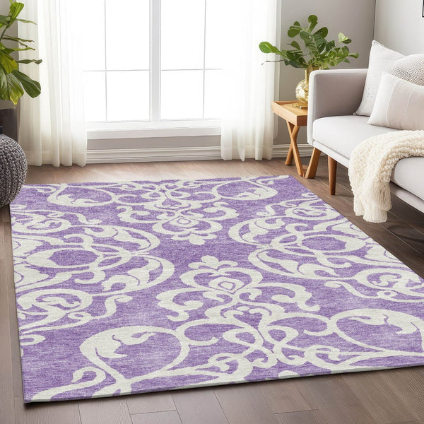 HomeRoots 10' X 14' Stylish Purple and Ivory Damask Washable Area Rug with UV Protection for Active Homes 676944