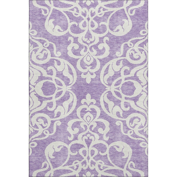 HomeRoots 10' X 14' Stylish Purple and Ivory Damask Washable Area Rug with UV Protection for Active Homes 676944