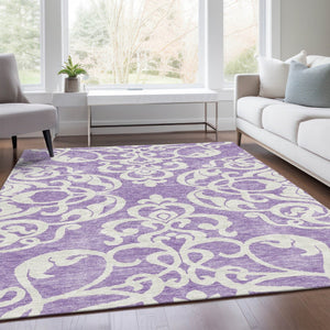 HomeRoots 10' X 14' Stylish Purple and Ivory Damask Washable Area Rug with UV Protection for Active Homes 676944