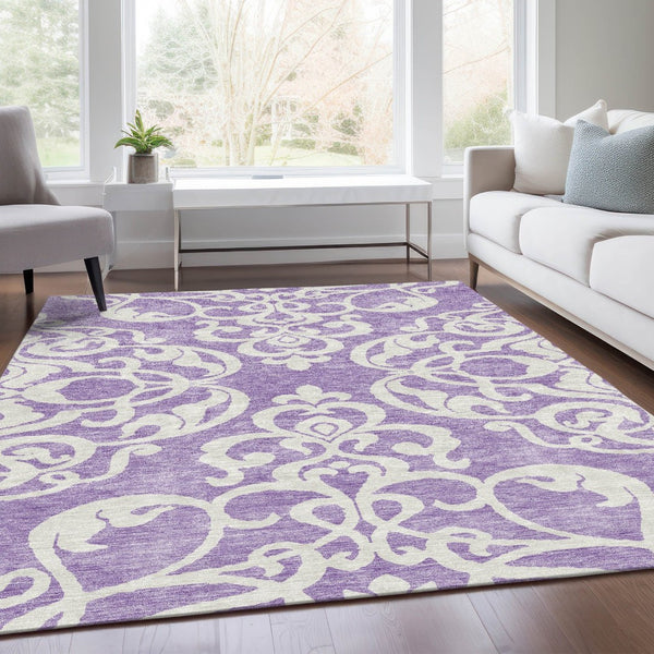HomeRoots 10' X 14' Stylish Purple and Ivory Damask Washable Area Rug with UV Protection for Active Homes 676944