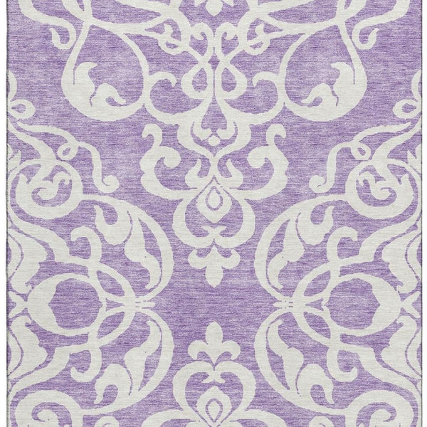 HomeRoots 10' X 14' Stylish Purple and Ivory Damask Washable Area Rug with UV Protection for Active Homes 676944